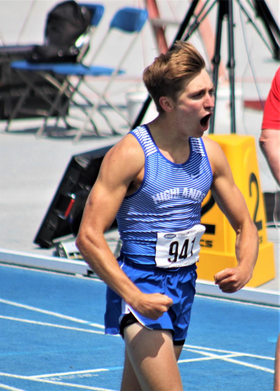 Highlands senior Jake Welch yells in joy after crossing the line following his comeback title win in the 400 meters during the Kentucky High School Athletic Association Class 2A state track and field championships June 3, 2022, at the University of Kentucky track and field complex, Lexington, Ky.