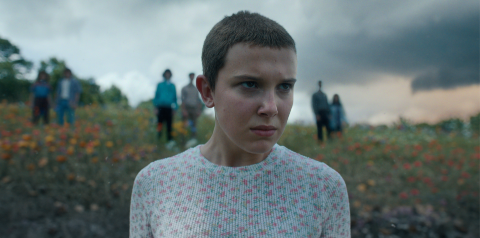 Millie Bobby Brown as super-powered Eleven in Season 4 of "Stranger Things." The series' creators tweeted that filming cannot occur on the hit Netflix series until the Hollywood writers strike has ended.