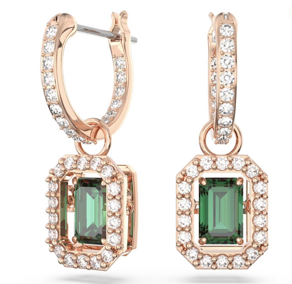 Millenia drop earrings, Octagon cut, Green, Rose gold-tone plated. PHOTO: Swarovski