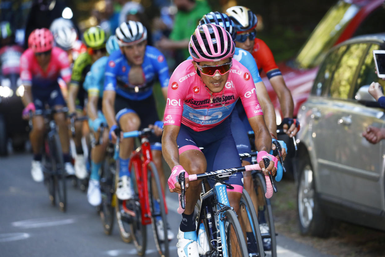 CROCE D'AUNE - MONTE AVENA, ITALY - JUNE 01: Vincenzo Nibali of Italy and Team Bahrain - Merida / Richard Carapaz of Ecuador and Movistar Team Pink Leader Jersey / Mikel Landa Meana of Spain and Movistar Team / during the 102nd Giro d'Italia 2019, Stage 20 a 194km stage from Feltre to Croce D'Aune - Monte Avena 1225m / Tour of Italy / #Giro / @giroditalia / on June 01, 2019 in Croce D'Aune - Monte Avena, Italy. (Photo by Luca Bettini-Pool/Getty Images)