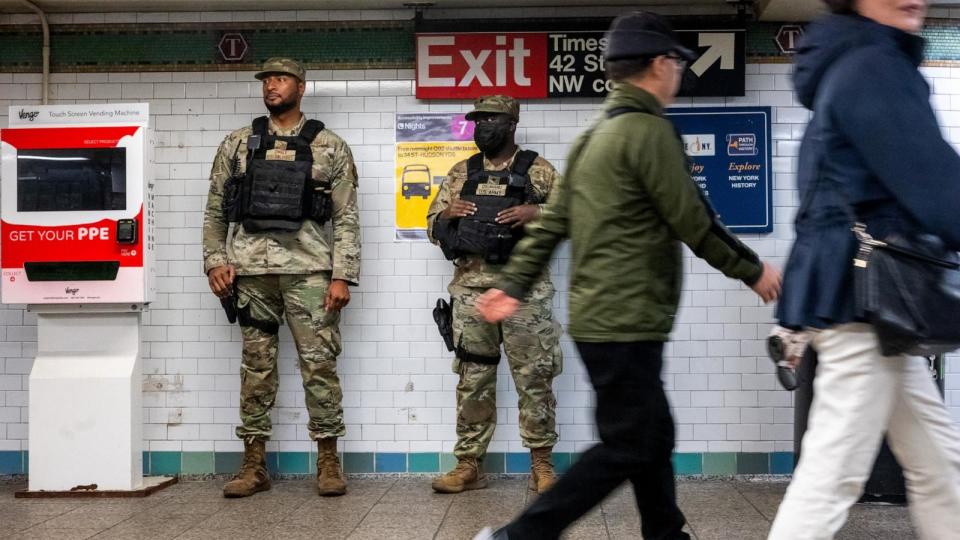 PHOTO: Members of the National Guard patrol a Manhattan subway station on March 18, 2024 in New York City. (Spencer Platt/Getty Images)