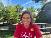 Kristie Strejc, a bartender at Circus Circus casino, sits at a cafe near her workplace in Reno