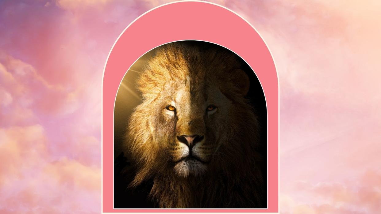  a lion in a pink portal on a pink skies background; meant to symbolize the lions gate portal 2023 