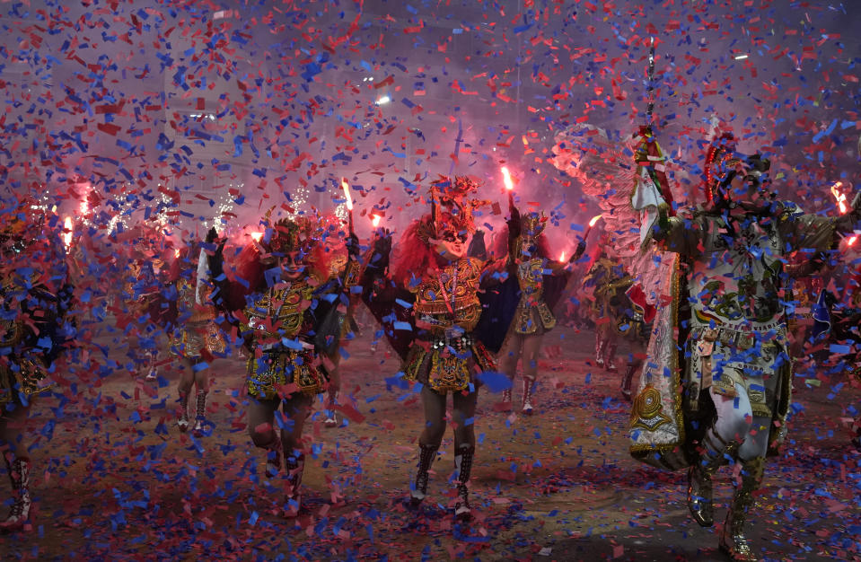 Dancers perform the traditional "Diablada," or Dance of the Devils, during Carnival in Oruro, Bolivia, on Feb. 26, 2022. (AP Photo/Juan Karita)