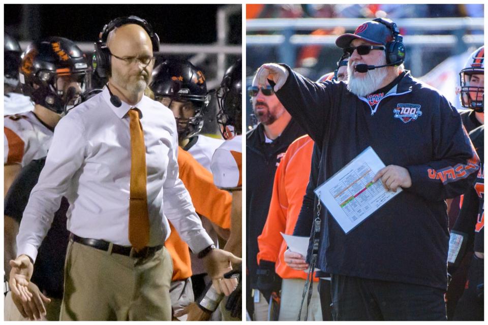Elmwood/Brimfield coach Todd Hollis, left, and Washington coach Darrell Crouch, right, are part of the Illinois High School Football Coaches Association hall of fame class in 2024.