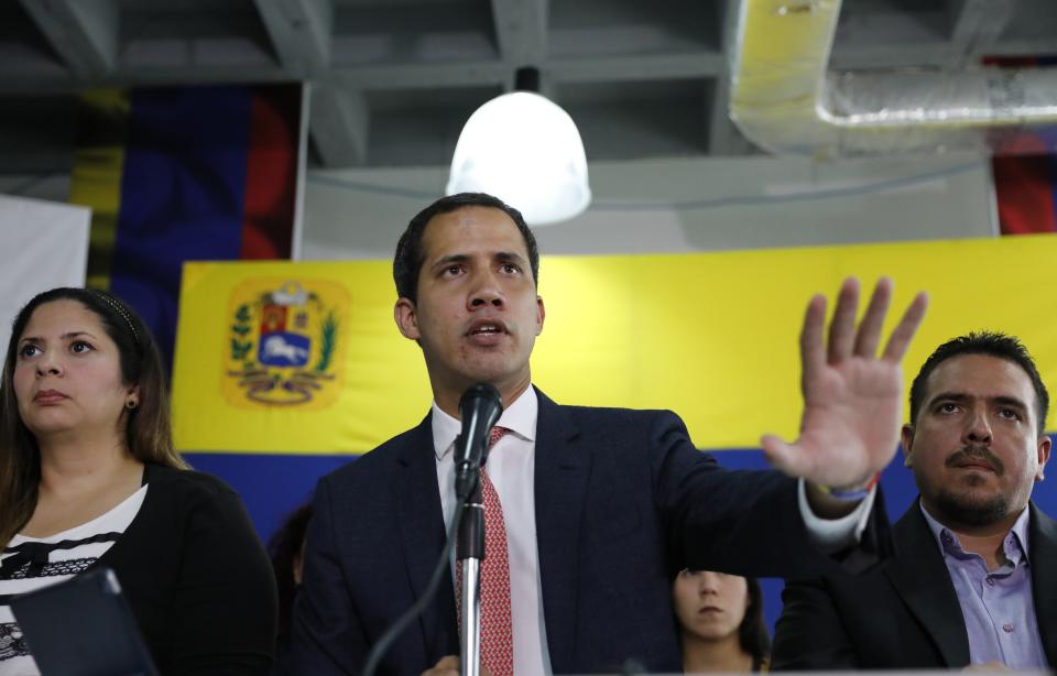 Venezuela's opposition leader and self-proclaimed interim President Juan Guaido gives a press conference in Caracas, Venezuela, Monday, June 17, 2019. (AP Photo/Ariana Cubillos)