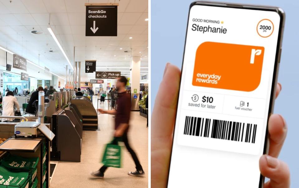 Left: Customer approaches Woolworths checkout. Right: Digital Everyday Rewards card on smartphone screen