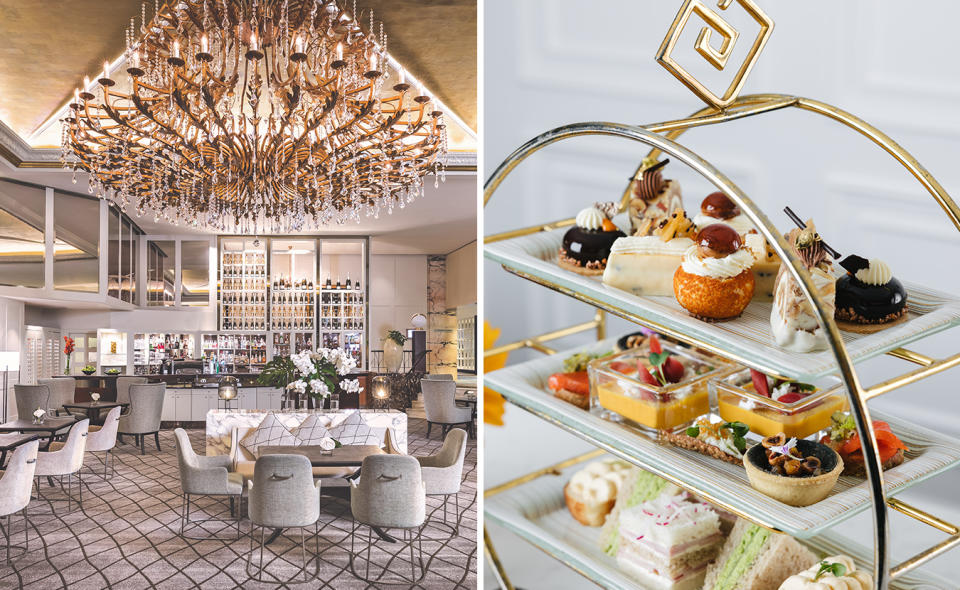 L: Wide shot of the Chandelier Room at Cordis Auckland. R: High tea delicacies sit on a stand