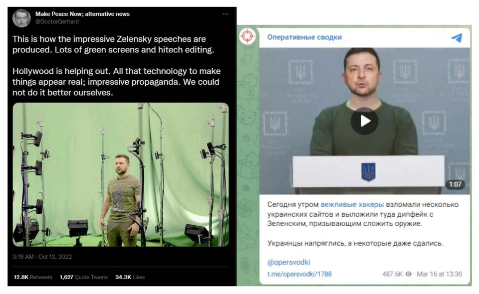 This screenshot from report "Undermining Ukraine: How the Kremlin Employs Information Operations to Erode Global Confidence in Ukraine" shows examples of conspiracy theories claiming Zelensky left Ukraine.<span class="copyright">Digital Forensic Research Lab</span>