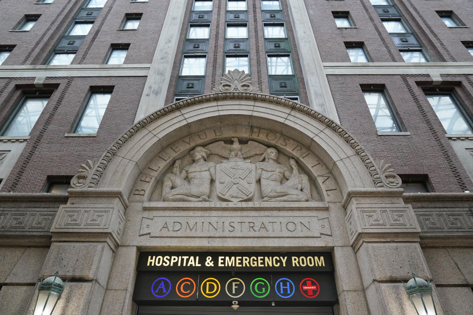 ***HOLD FOR STORY*** An entrance to Bellevue Hospital is seen in New York, Wednesday, Oct. 28, 2020. Hospitals in the city's public NYC Health and Hospitals' system have been upgrading their equipment, bracing for a potential resurgence of coronavirus patients, drawing on lessons learned in the spring when the outbreak brought the nation's largest city to its knees. (AP Photo/Seth Wenig)