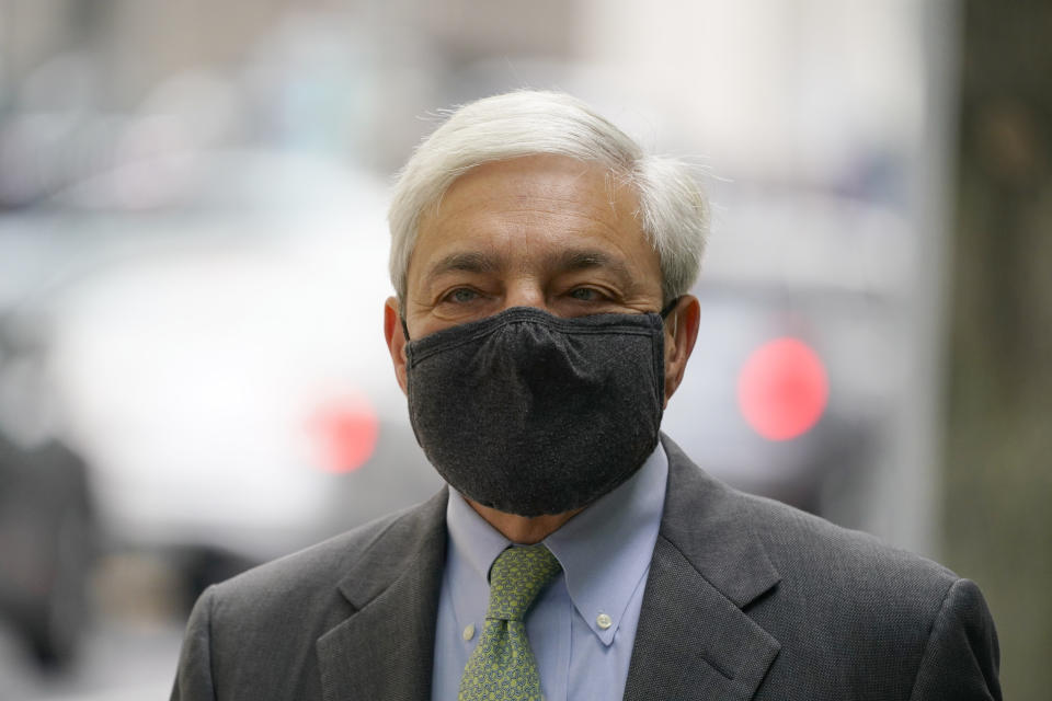 Former Penn State President Graham Spanier arrives for a hearing at the Dauphin County Courthouse in Harrisburg, Pa., Wednesday, May 26, 2021. (AP Photo/Matt Rourke)