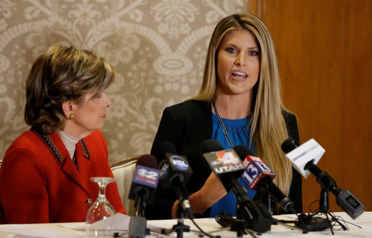 Temple Taggart, right, Miss Utah 1997, talks to the press with her attorney Gloria Allred, in Salt Lake City, Utah. (Photo: George Frey/Reuters)