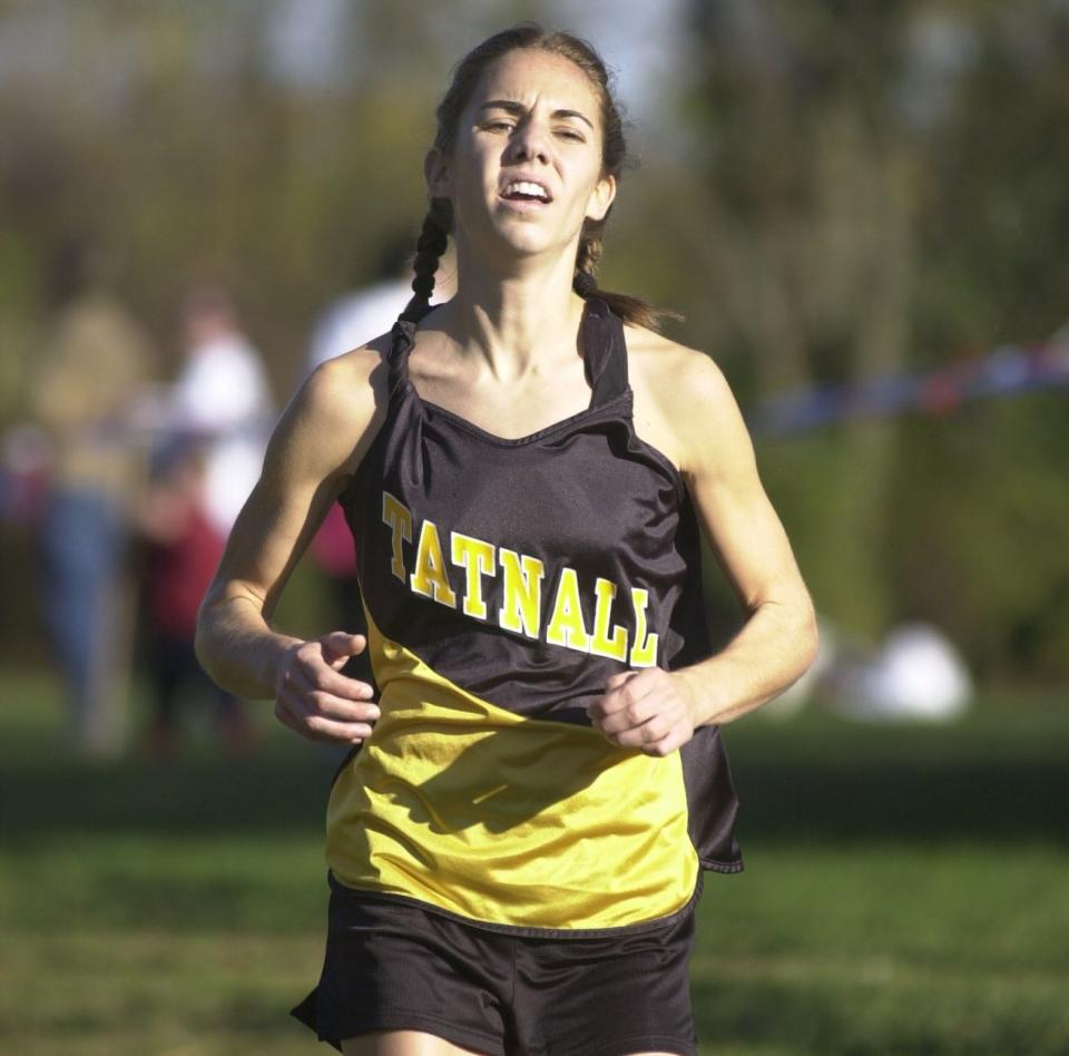 Tatnall's Meredith Lambert comes to the finish line. Lambert is the 2000 Division II cross country state champion.