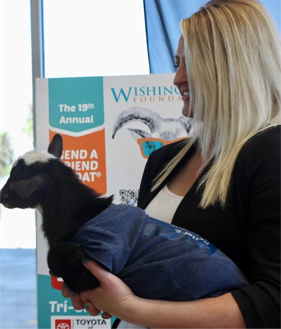 An employee from Toyota of Tri-Cities holdsa baby goat named Taco.
