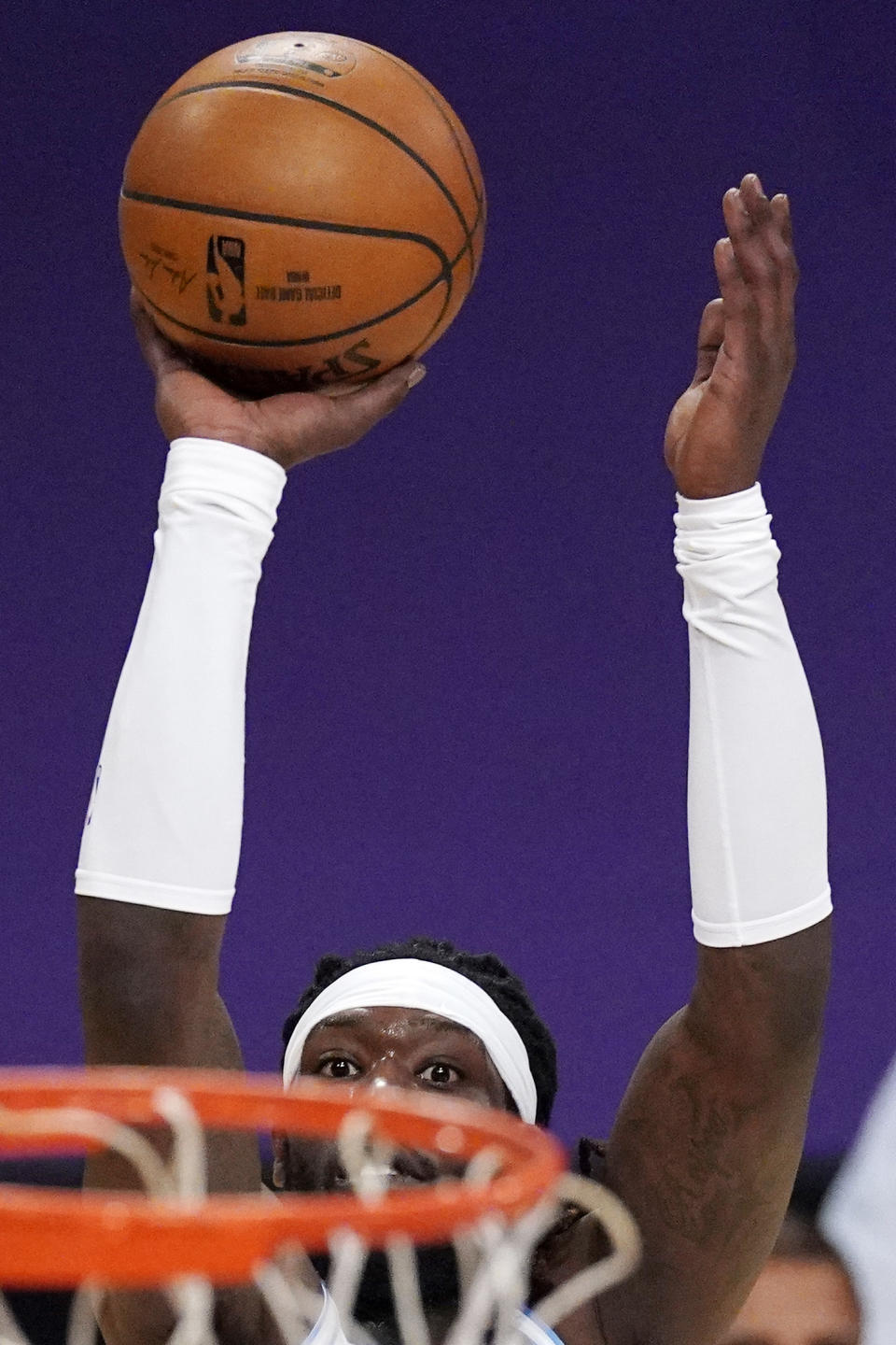 Los Angeles Lakers center Montrezl Harrell shoots during the first half of an NBA basketball game against the Washington Wizards Monday, Feb. 22, 2021, in Los Angeles. (AP Photo/Mark J. Terrill)