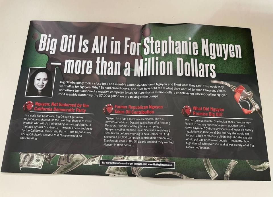 A mailer from Assembly candidate Eric Guerra attacks his opponent, Stephanie Nguyen, for receiving support from an oil-funded PAC in the form of independent expenditure ads.