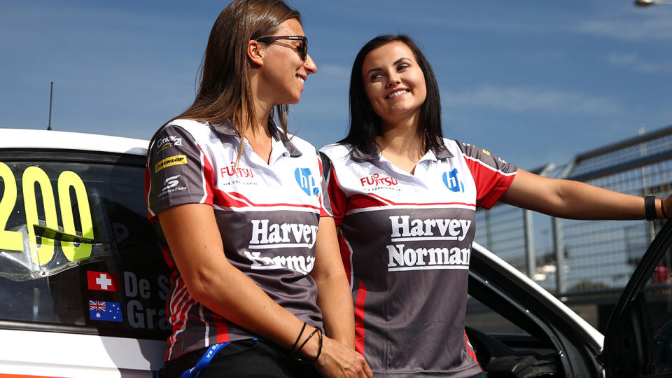 Simona De Silvestro and Renee Gracie are pictured together prior to the 2015 Bathurst 1000.