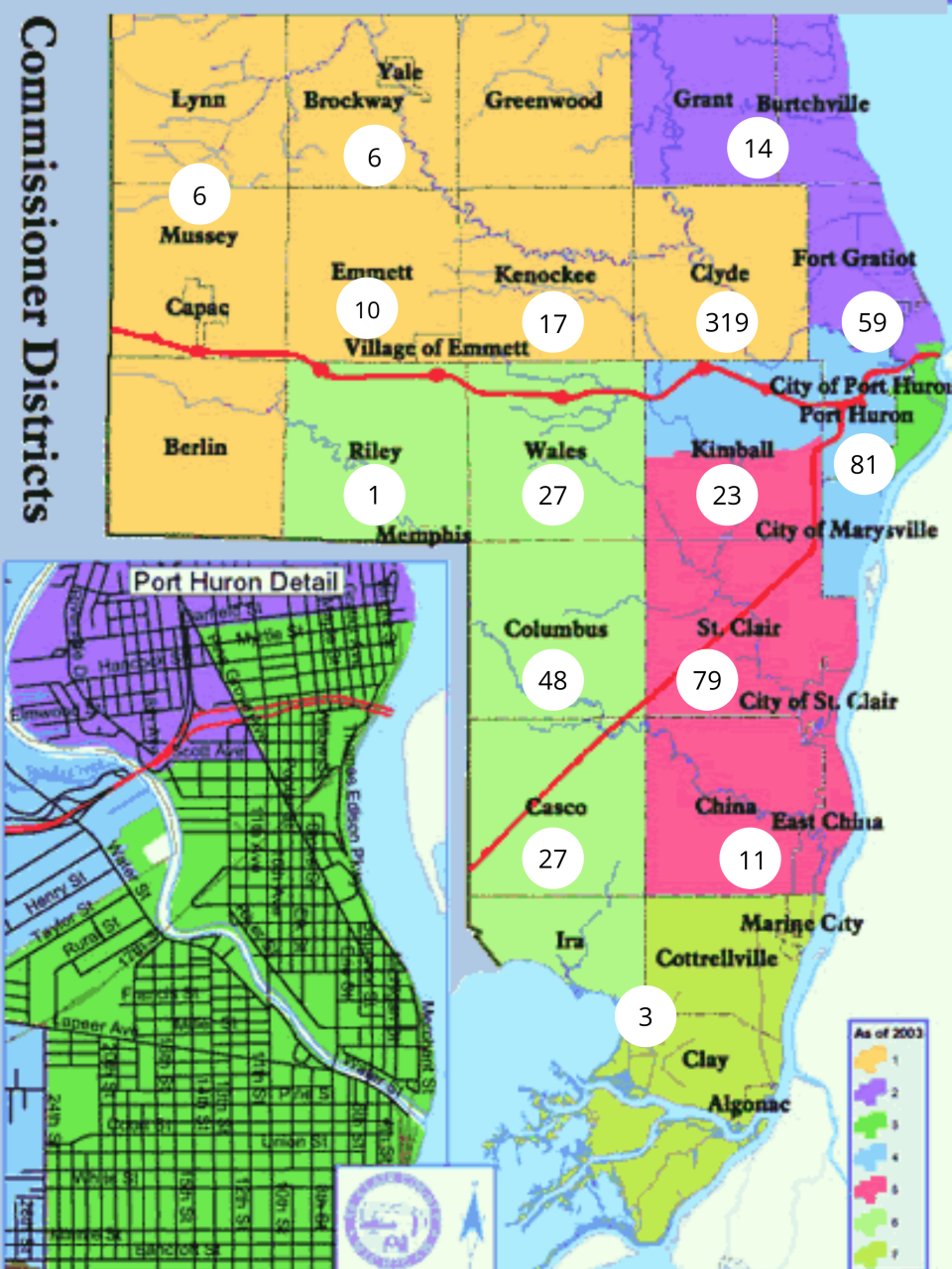A map from Friends of the St. Clair River shows St. Clair County's 750 gypsy moth reports broken down by community and commissioner district.