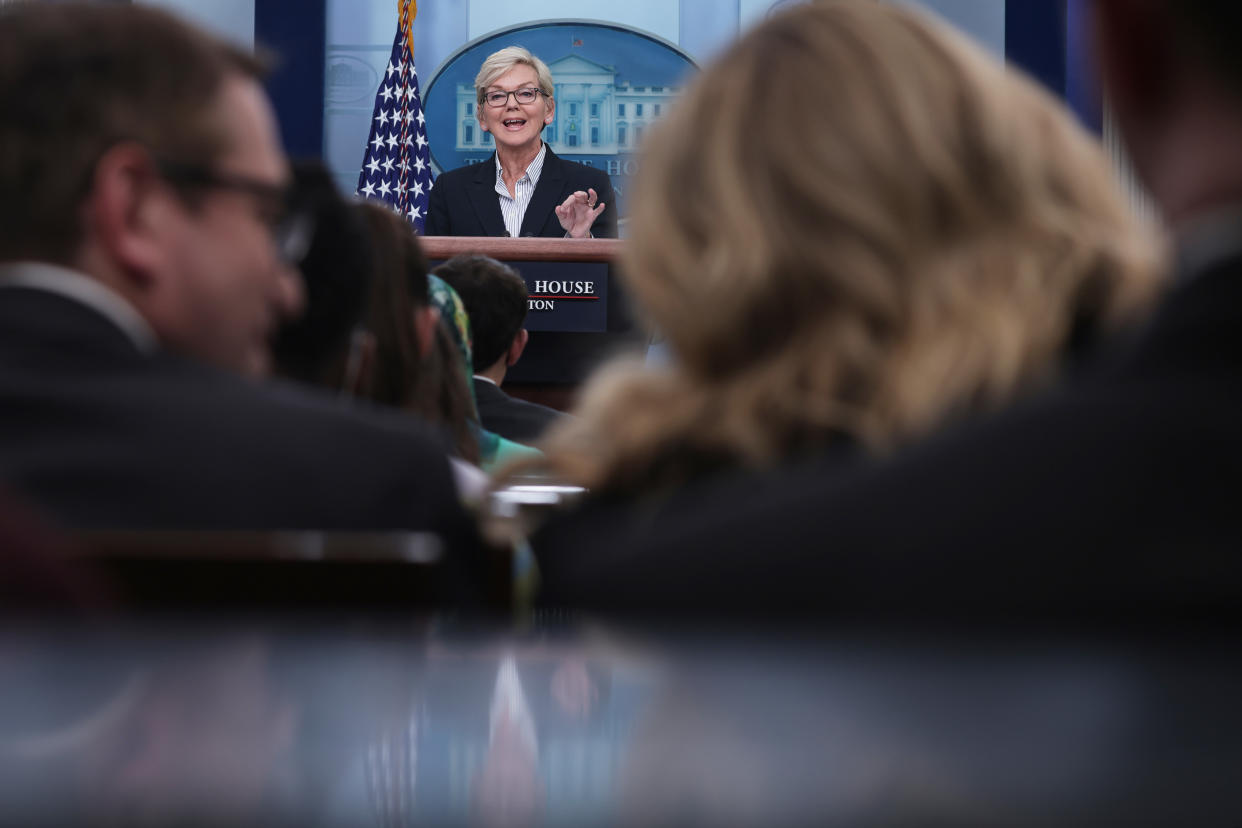 WASHINGTON, DC - JANUARY 23: U.S. Secretary of Energy Jennifer Granholm speaks during a daily news briefing at the James S. Brady Press Briefing Room of the White House on January 23, 2023 in Washington, DC. White Press Secretary Karine Jean-Pierre held a daily news briefing to answer questions from members of the press.  (Photo by Alex Wong/Getty Images)