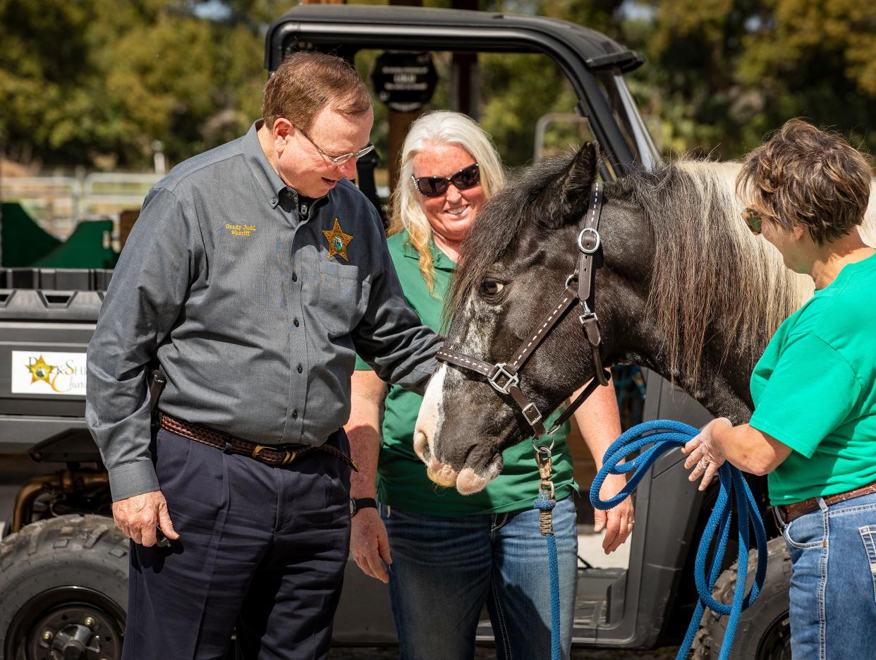 Polk County Sheriff Grady Judd meets Lily, a rescued horse at Hope Equine Rescue in Winter Haven on Friday. Polk Sheriff's Charities donated a new Polaris 4x4 farm vehicle to the nonprofit, which rescues and rehabilitates horses, mules and donkeys.