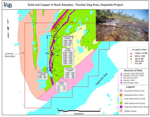 Highlights of gold and copper assays over the 3km Thurber Trend.