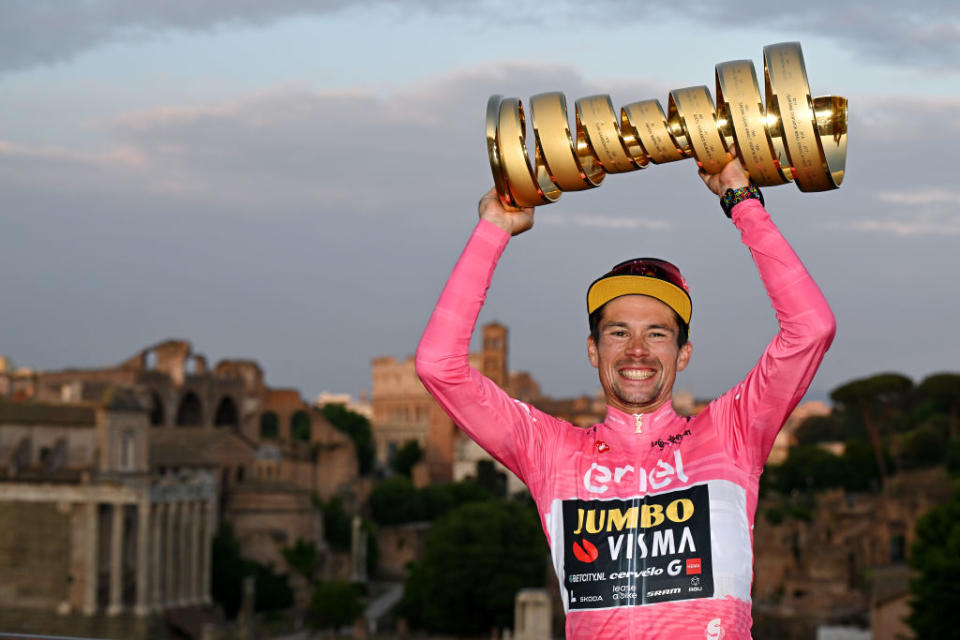 ROME ITALY  MAY 28 Primo Rogli of Slovenia and Team JumboVisma  Pink Leader Jersey celebrates with the Trofeo Senza Fine as final overall race winner during the 106th Giro dItalia 2023 Stage 21 a 126km stage from Rome to Rome  UCIWT  on May 28 2023 in Rome Italy Photo by Stuart FranklinGetty Images