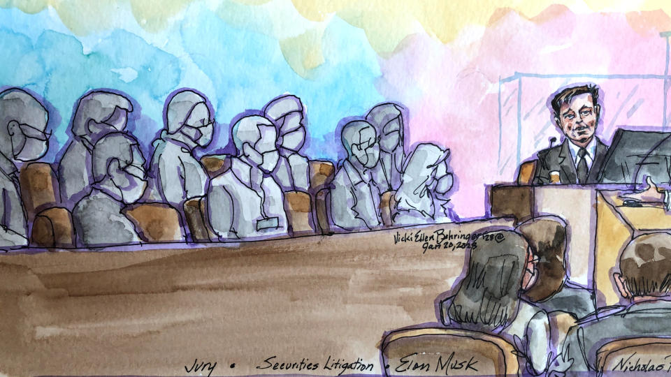 Tesla CEO Elon Musk attends a securities-fraud trial in San Francisco, California, U.S., January 20, 2023 in this courtroom sketch. REUTERS/Vicki Behringer