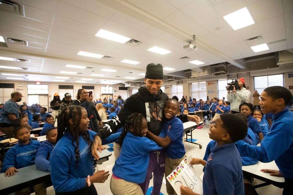 NLE Choppa visits students at Cornerstone Prep Denver on Tuesday, Oct. 18, 2022, in Memphis.