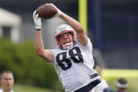 New England Patriots tight end Troy Fumagalli makes a catch during an NFL football practice, Wednesday, Aug. 4, 2021, in Foxborough, Mass. (AP Photo/Steven Senne)