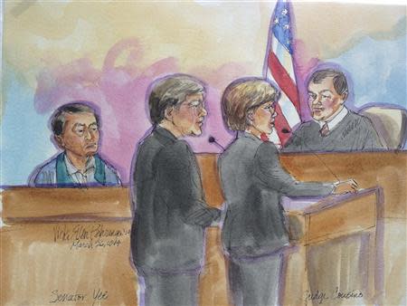 California state senator Leland Yee appears in this courtroom sketch before U.S. Magistrate Judge Nathanael Cousins in San Francisco March 26, 2014. REUTERS/Vicki Behringer