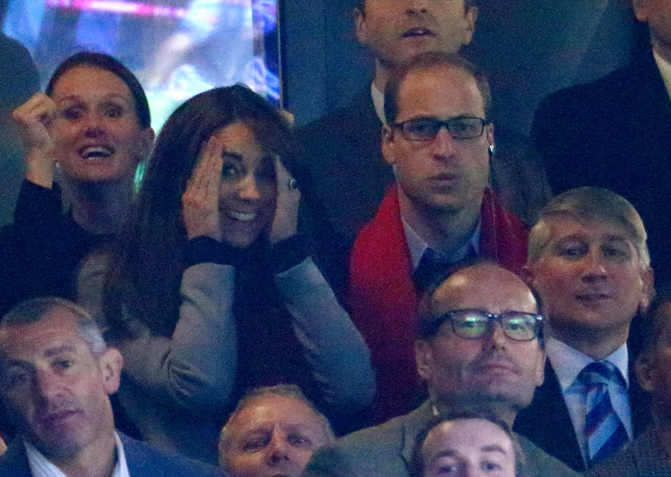 LONDON, UNITED KINGDOM - OCTOBER 10: (EMBARGOED FOR PUBLICATION IN UK NEWSPAPERS UNTIL 48 HOURS AFTER CREATE DATE AND TIME) Prince William, Duke of Cambridge and Catherine, Duchess of Cambridge attend the Australia v Wales match during the Rugby World Cup 2015 at Twickenham Stadium on October 10, 2015 in London, England. (Photo by Max Mumby/Pool/Indigo/Getty Images)