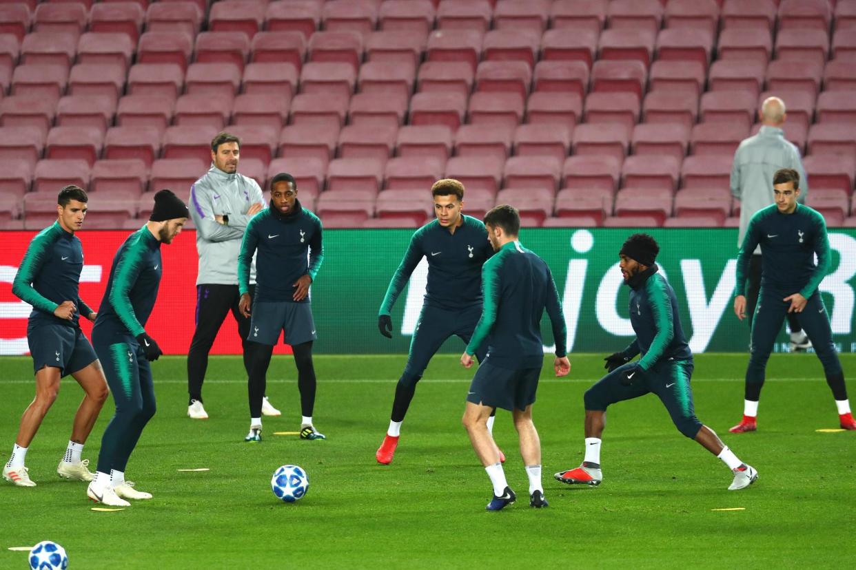 Nou surroundings: Spurs players Erik Lamela, Eric Dier, Kyle Walker-Peters, Dele Alli, Troy Parrott and Danny Rose in training at Barcelona’s ground ahead of the crunch Champions League tie against the Catalans: Getty Images