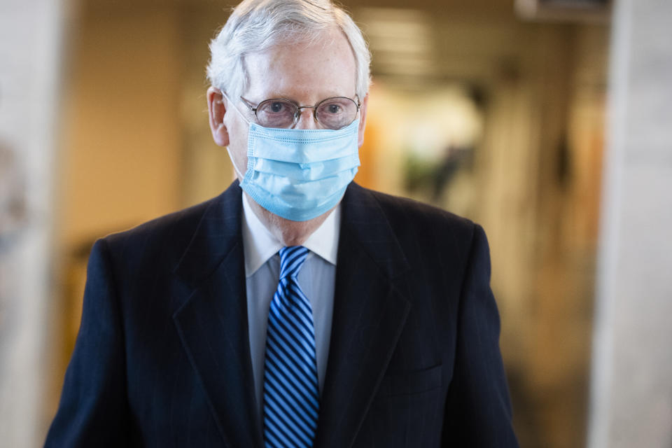 UNITED STATES - NOVEMBER 10: Senate Majority Leader Mitch McConnell, R-Ky., arrives for the Senate Republican Policy luncheon in Hart Building on Tuesday, November 10, 2020. (Photo By Tom Williams/CQ-Roll Call, Inc via Getty Images)