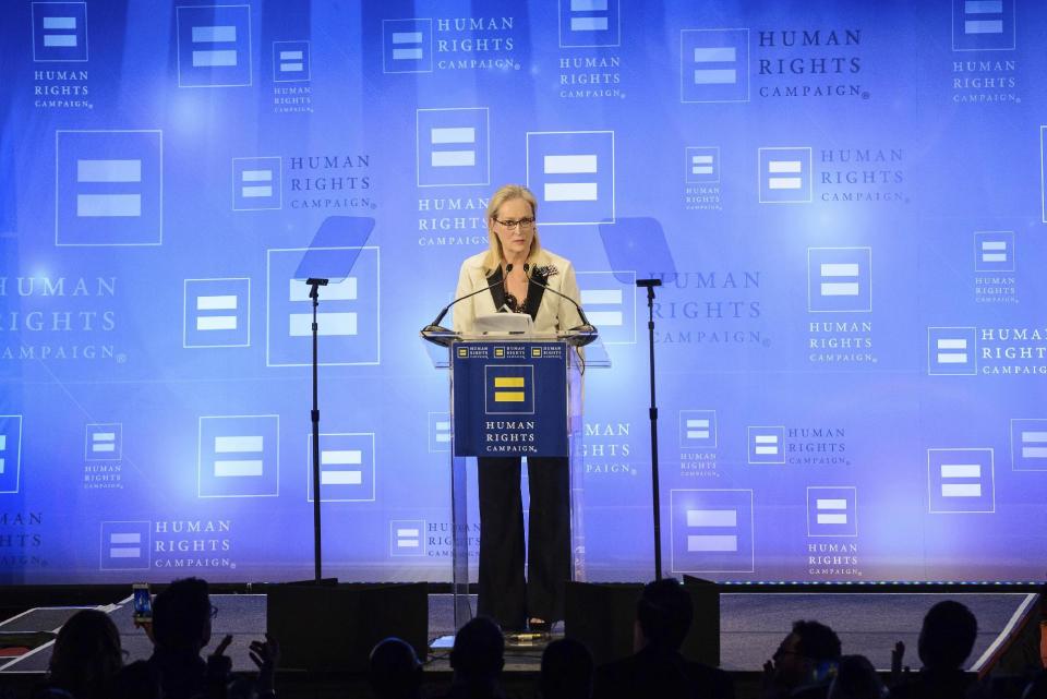 Meryl Streep attends the Human Rights Campaign Greater New York Gala at Waldorf Astoria Hotel on Saturday, Feb. 11, 2017, in New York. (Photo by Christopher Smith/Invision/AP)