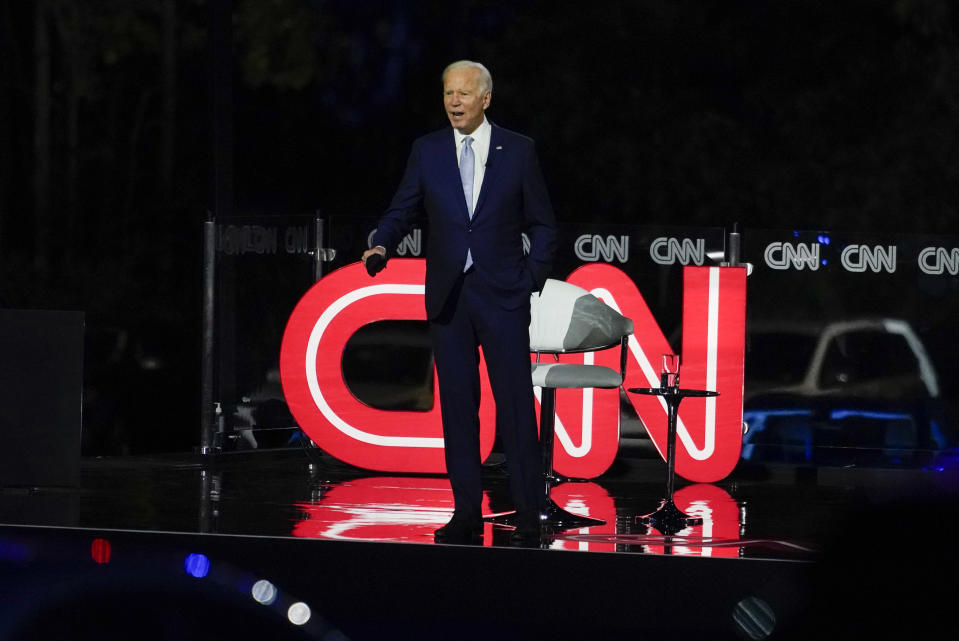 Democratic presidential candidate former Vice President Joe Biden participates in a CNN town hall moderated by CNN's Anderson Cooper in Moosic, Pa., Thursday, Sept. 17, 2020. (AP Photo/Carolyn Kaster)