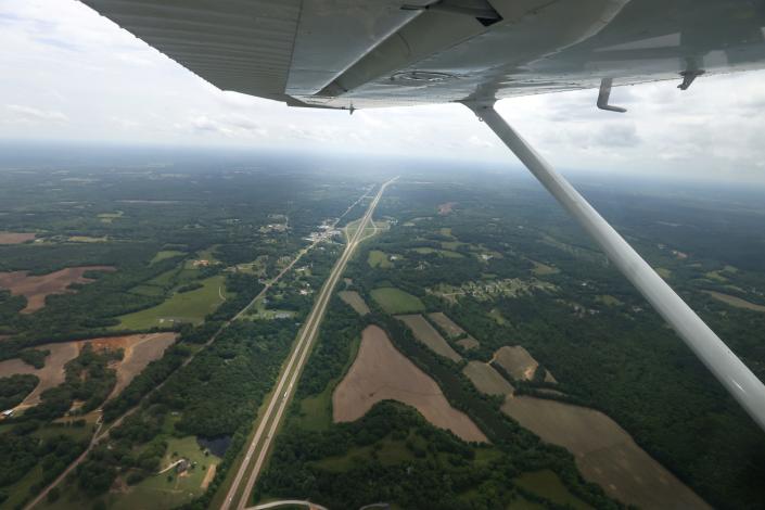 The view from the cockpit of a Cessna model 172 over Olive Branch, Miss. on a lesson from Air Venture Flight Center on Tuesday, May 18, 2021.