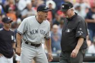 Aug 24, 2017; Detroit, MI, USA; New York Yankees manager Joe Girardi (28) argues with first base umpire Dana DeMuth after getting ejected in the sixth inning against the Detroit Tigers at Comerica Park. Mandatory Credit: Rick Osentoski-USA TODAY Sports