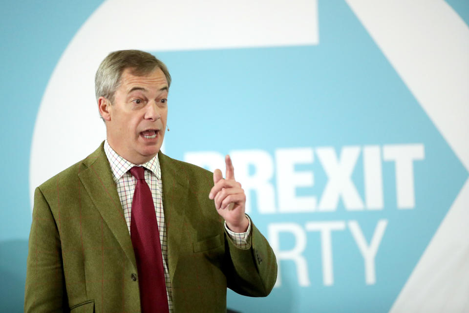 Brexit Party leader Nigel Farage addresses supporters at Ionians RUFC in Hull during General Election campaigning.