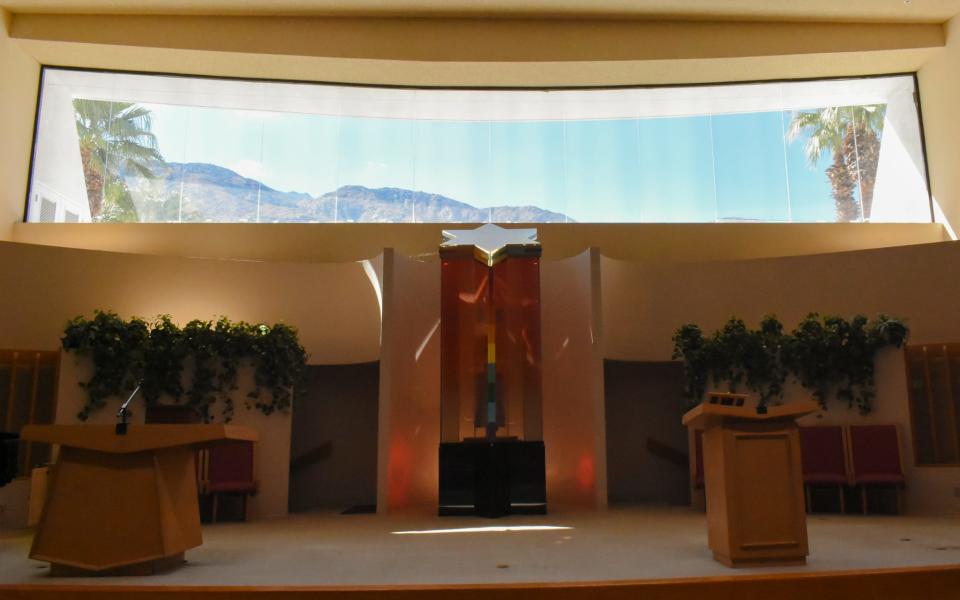 The panoramic window at Temple Isaiah in Palm Springs, Calif., on October 14, 2022. There are 12 panels, which represent the 12 tribes of Israel.