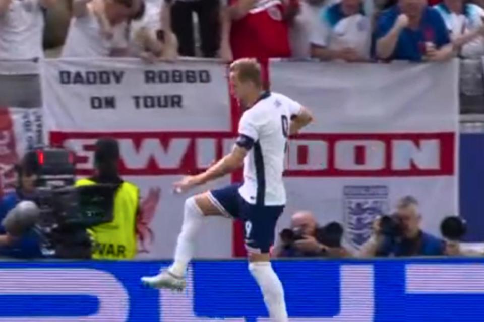 Kane scored, and Swindon fans celebrated, in England's Euro 2024 game against Denmark <i>(Image: BBC)</i>