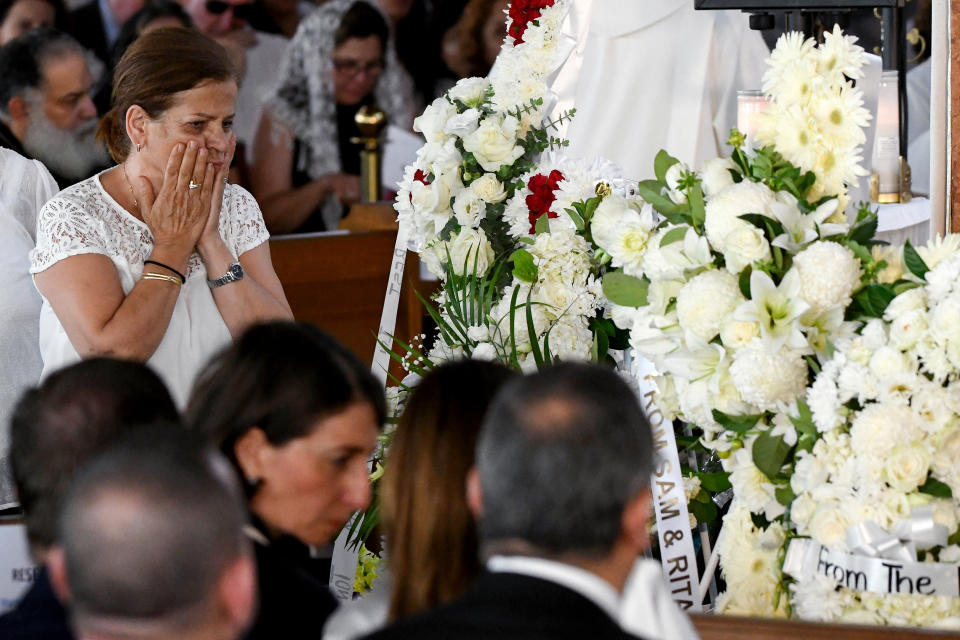 Georgette Abdallah is seen during the funeral for her grandchildren Antony Abdallah, 13, Angelina Abdallah, 12, and Sienna Abdallah, 8, at Our Lady of Lebanon Co-Cathedral in Sydney, Monday, February 10, 2020. The three siblings were run down and killed by an alleged drunk driver in Oatlands, in Sydney's west. (AAP Image/Bianca De Marchi) NO ARCHIVING