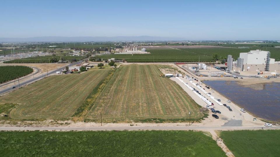 Future site of the Divert energy facility on West Main Street in Turlock, Calif., Wednesday, April 26, 2023. Valley Milk is on the right.