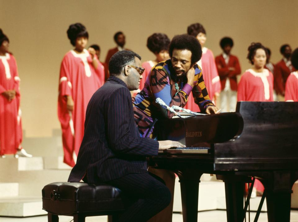 Jones and Ray Charles rehearsing for a televised tribute to Duke Ellington, 1973.