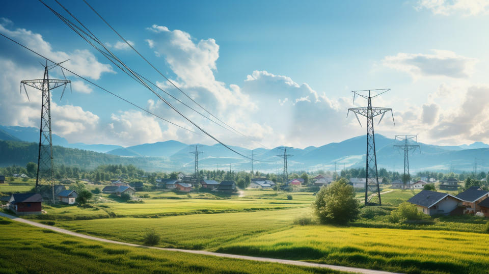 A power line stretching across a sunbathed landscape with rural homes in the foreground.