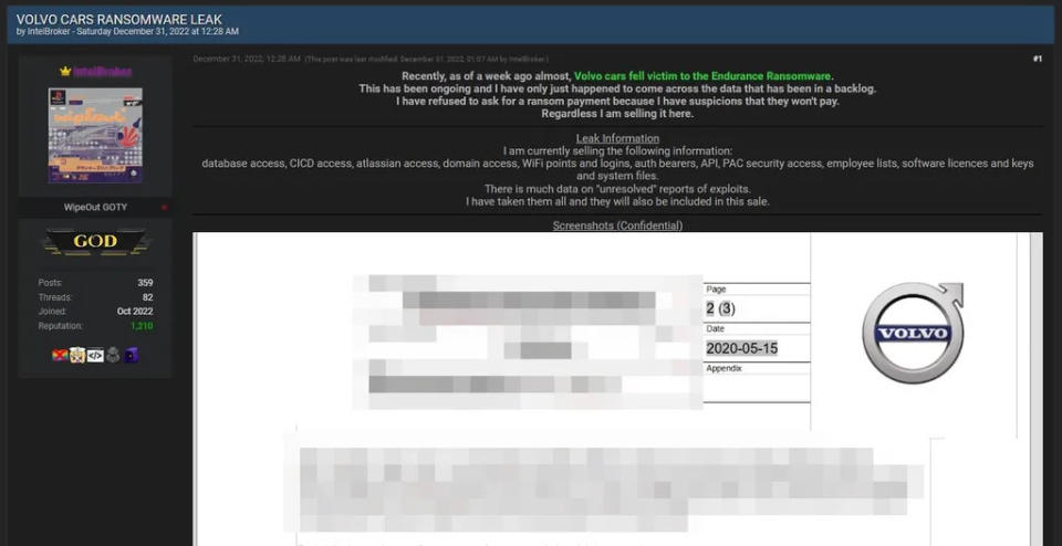 <em>Postagem em fórum cibercriminoso, com dados internos da Volvo à venda; informações podem ter sido comprometidas em ataque confirmado pela empresa em dezembro do ano passado (Imagem: Reprodução/Canaltech)</em>