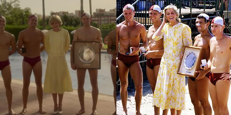 <p>While surrounded by men in speedos on a royal tour of Australia, both actress Emma Corrin and Princess Diana looked demure in a perfectly replicated pale yellow mid-length smock dress.</p>