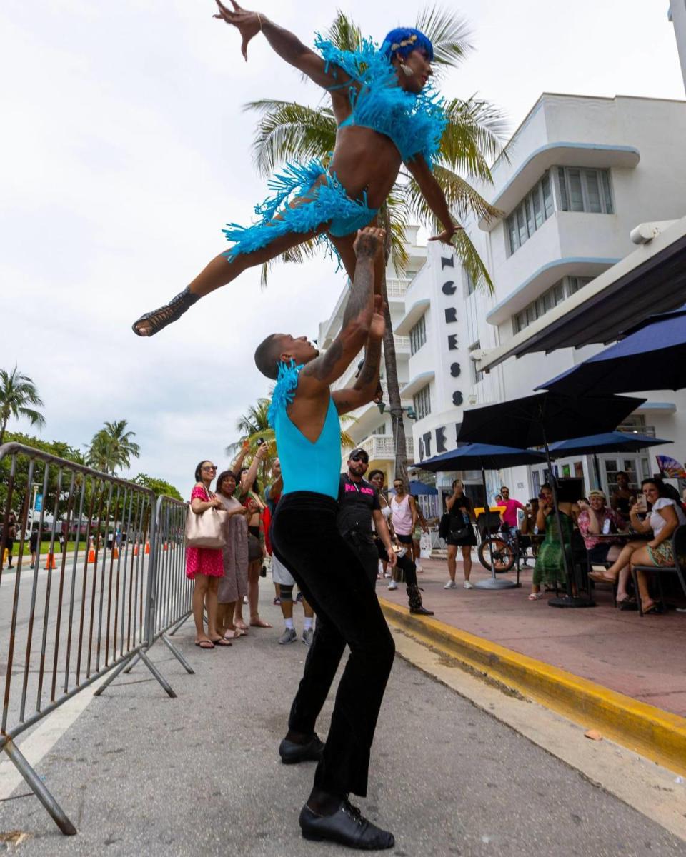 The dancing twins Oscar y Tifanny perform at Palace Bar & Restaurant off Ocean Drive during Memorial Day weekend at Miami Beach, Florida, on Monday, May 29, 2023. The dancing twins were former contestants on the TV show America’s Got Talent.