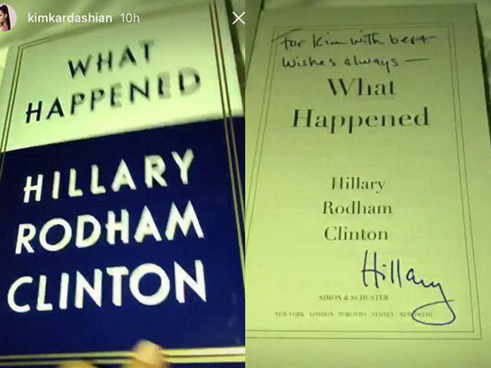 <p>Kim Kardashian included a pic of an inscribed copy of Clinton’s latest book on Snapchat, which is pretty much the ultimate compliment from the <em>Keeping Up With the Kardashians</em> star. (Photo: Kim Kardashian via Instagram) </p>