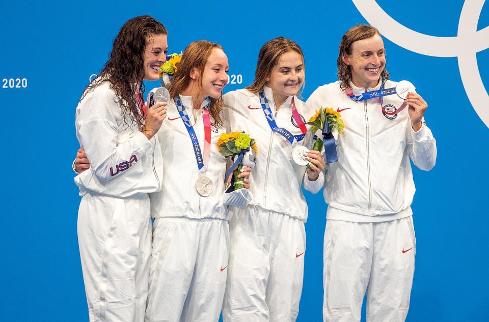 <p>Biography: Schmitt is 31, Madden is 23, McLaughlin and Ledecky are 24 </p> <p>Event: Women's 4x200m freestyle relay (swimming)</p> <p>Quote: Ledecky: "It's hard to put into words. Making the Olympics is hard and to win an Olympic medal is even harder … I can't put it into words."</p>