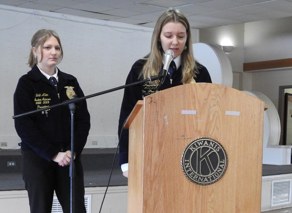 Leah Allen and Brianna Karr deliver the FFA Creed during the recent Coshocton County Ag Day Luncheon at Lake Park.